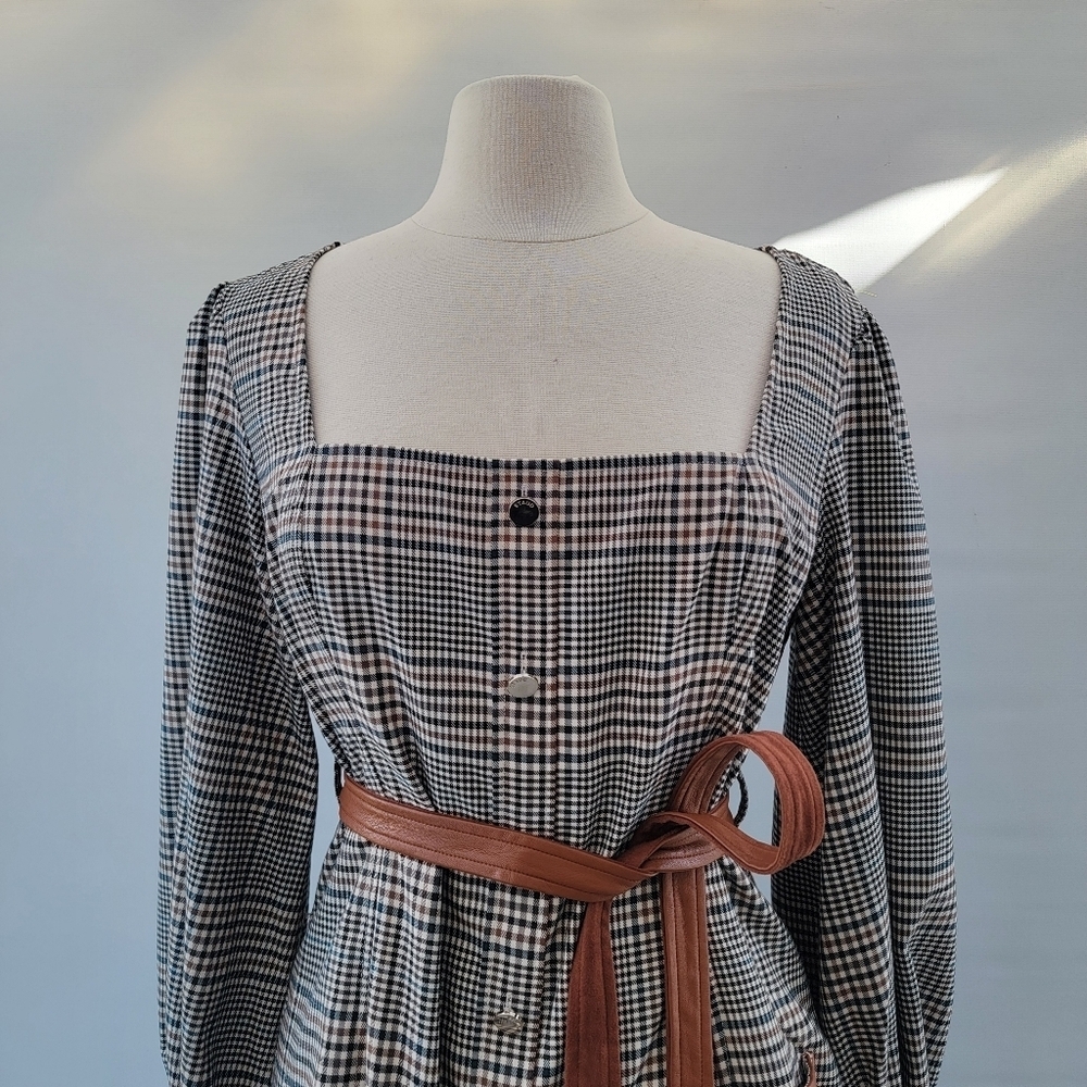 STAUD Plaid Mini Dress Size 8 Glen Check Gray Brown Faux Leather Minimalist Boho - Picture 3 of 16